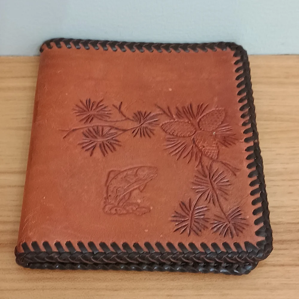 Vintage Hand Tooled Brown Leather Wallet Fish Wolf Pine Whip Stitched Western